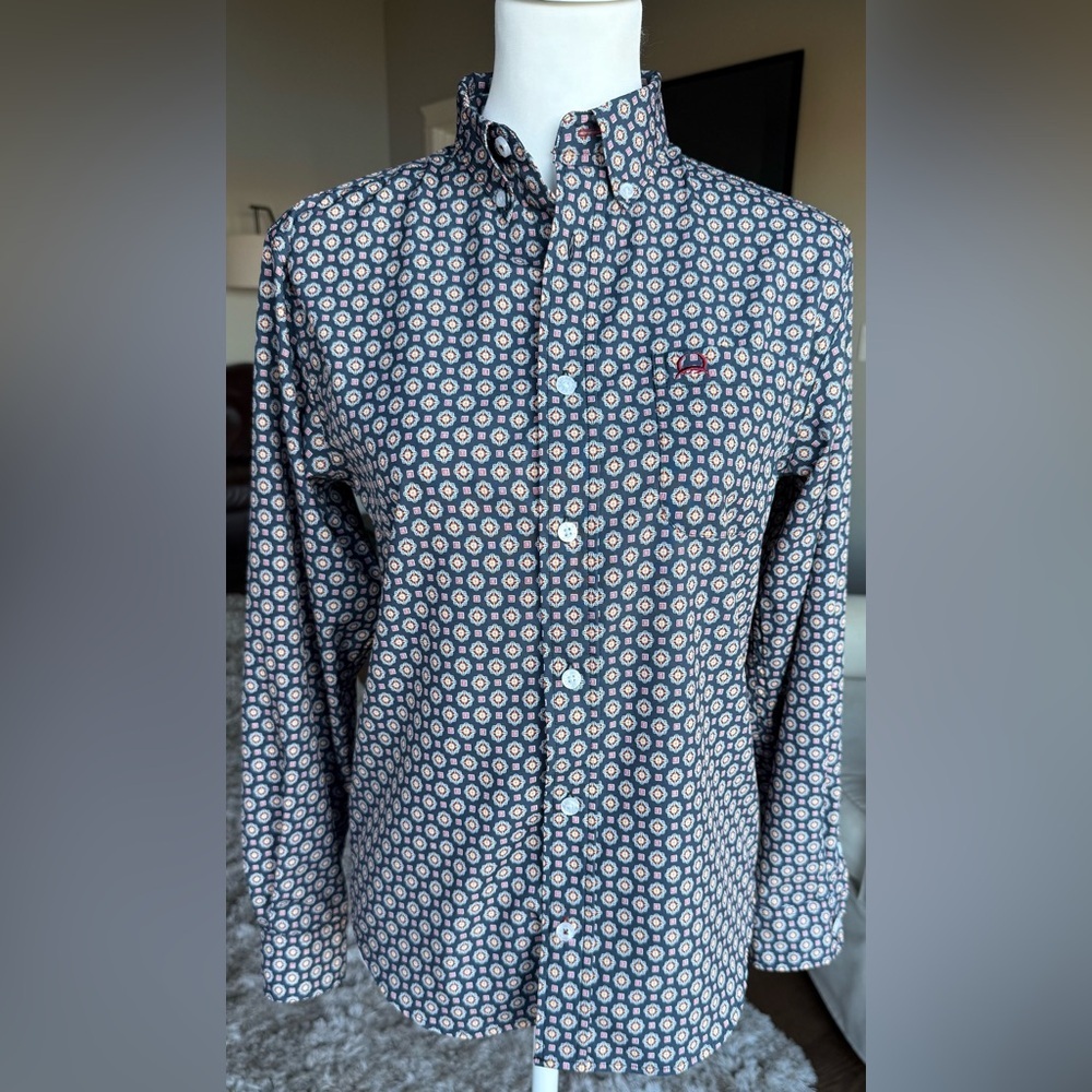 Cinch GIRLS L-12 Long Sleeve Blue Button Down Shirt Small Scale Mandala Pattern